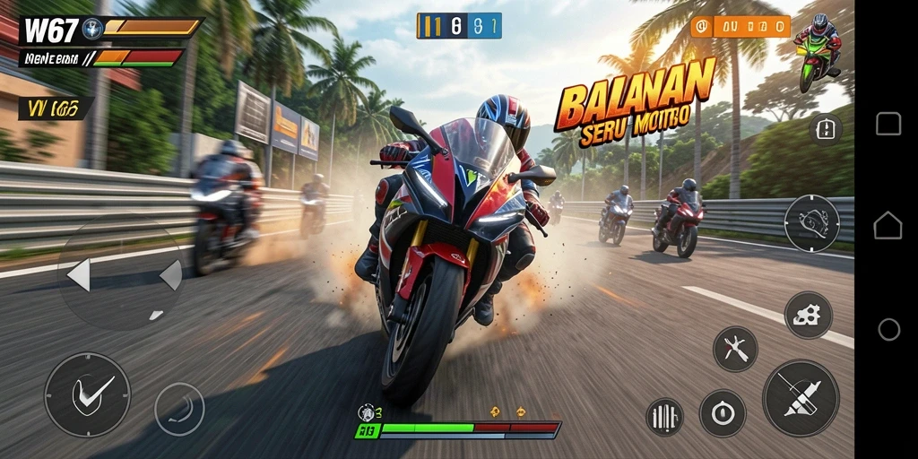Tampilan gameplay seru W67 dalam balapan motor.