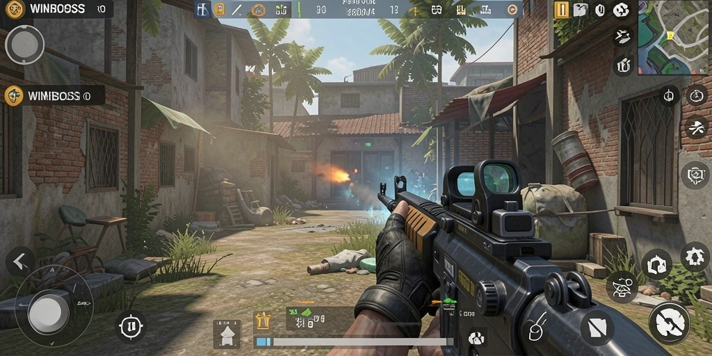 Screenshot gameplay <strong>WINBOSS</strong> menampilkan aksi seru dalam pertempuran FPS.