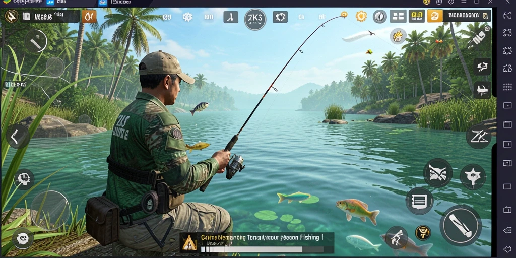 Screenshot gameplay ZK3 dengan suasana memancing yang menawan.
